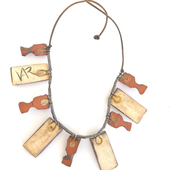 Vintage Artisan Modernist Necklace with Silver Beads and Pottery Pendants - Picture 11 of 13